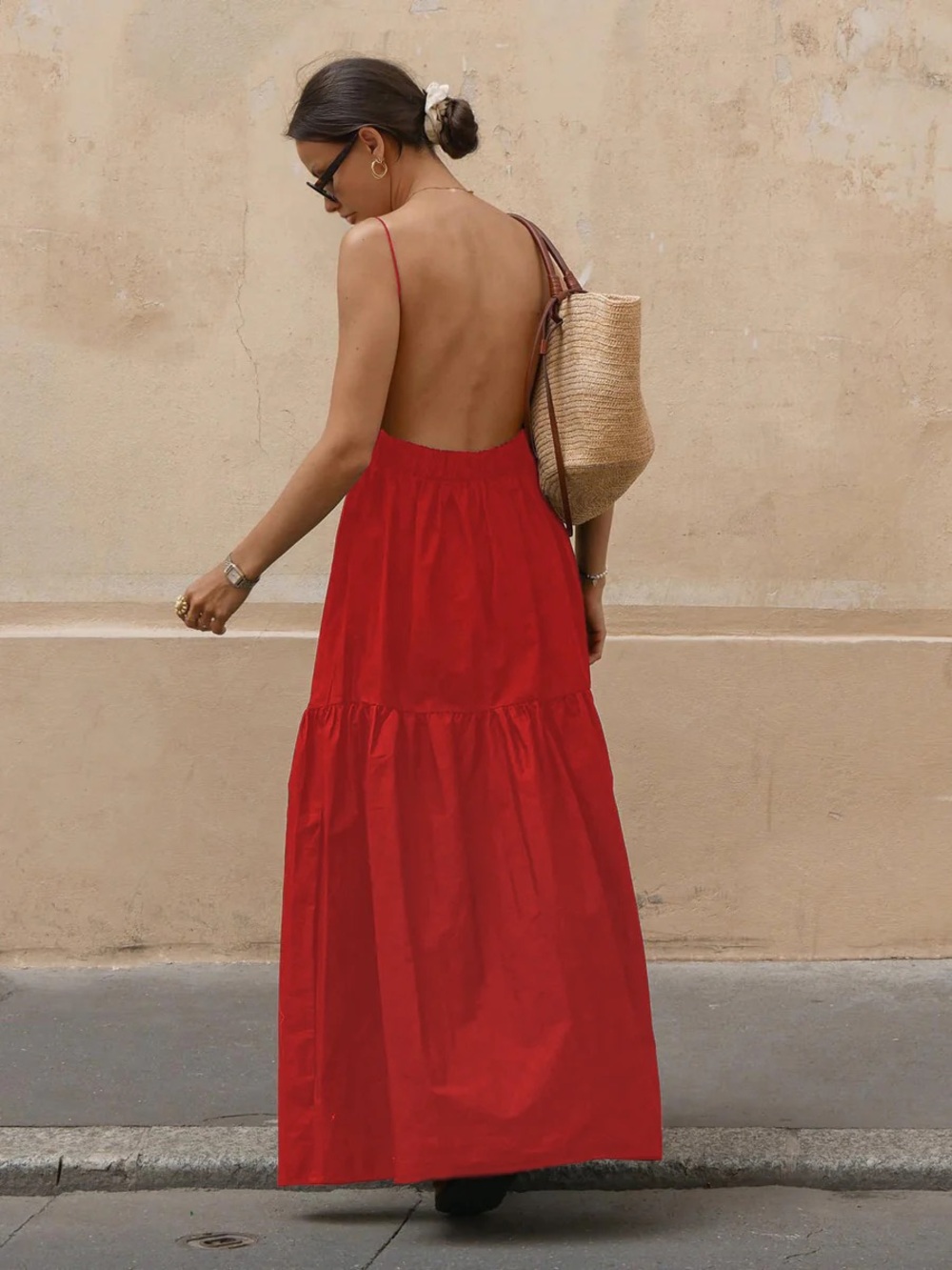 COMMENSE Red Backless Maxi Dress with Spaghetti Straps
